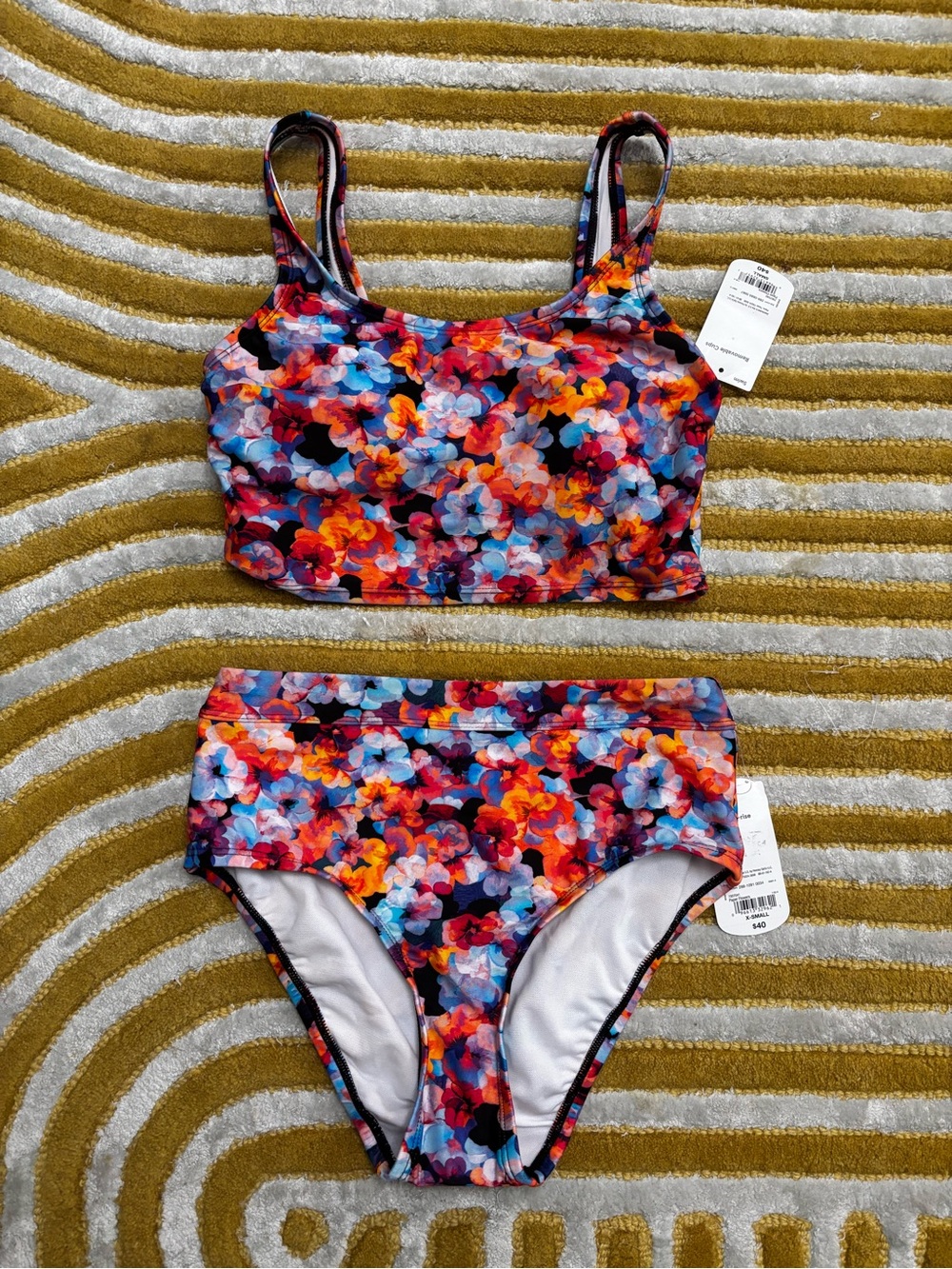 New Xersion Floral Crop Swim Top in Orange, Blue & Pink
